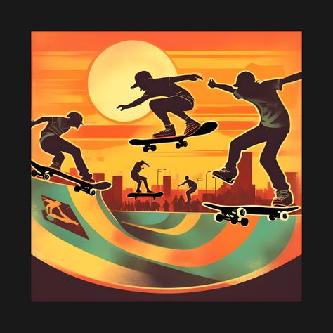 "Retro Skate Park": A nostalgic design portraying a retro skate park scene with skaters pulling off tricks amidst a vibrant sunset backdrop, appealing to skateboarders and vintage enthusiasts. Deco Surf, Park Scene, Sunset Backdrop, Skate And Destroy, Nostalgic Design, Skate T Shirts, Skate Park, Theme Ideas, Moleskine