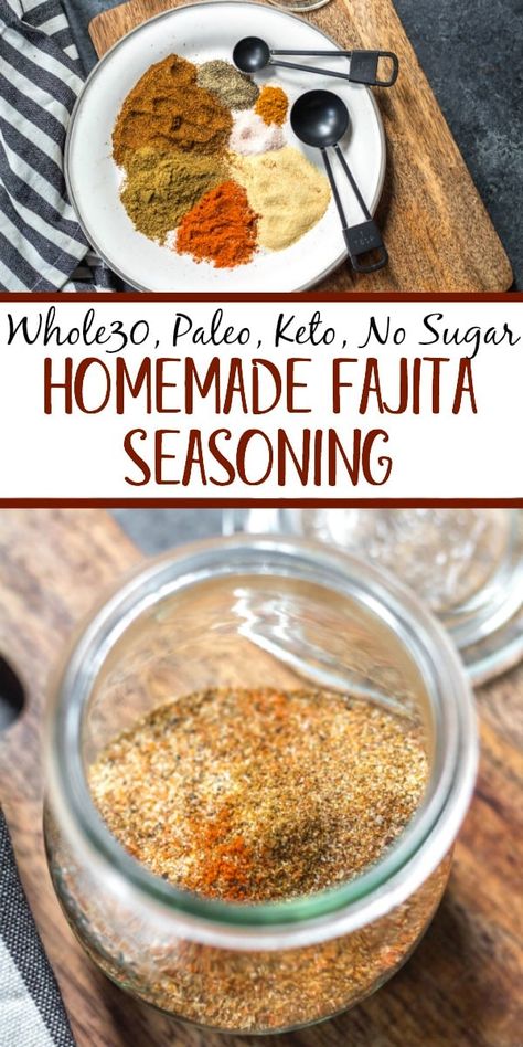 This Paleo and Whole30 homemade fajita seasoning is quick and easy to make, and a much healthier alternative to store bought packages. It's also keto, and gluten free. There's no sugar in it, no additives, and it's a great all purpose spice blend to keep on hand for fast chicken or steak fajitas, shrimp, soups, dry rubs, vegetables and more. #whole30spices #whole30fajitas #paleospiceblends #paleofajitas #ketofajitas #homemadefajitaseasoning Low Sodium Fajita Seasoning, Shrimp Soups, Fajitas Shrimp, Aip Condiments, Homemade Fajitas, Keto Seasoning, Keto And Gluten Free, Fajita Seasoning Recipe, Fajita Mix