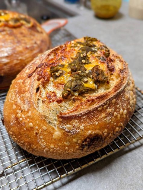 Green Chili Sourdough Bread, Sourdough Flavor Ideas, Chili Cheese Bread Recipe, Cheesy Sourdough Bread, Jalapeno Cheddar Sourdough Bread, Chili Cheese Bread, Cheese Sourdough Bread, Cheese Sourdough, Baking For Beginners