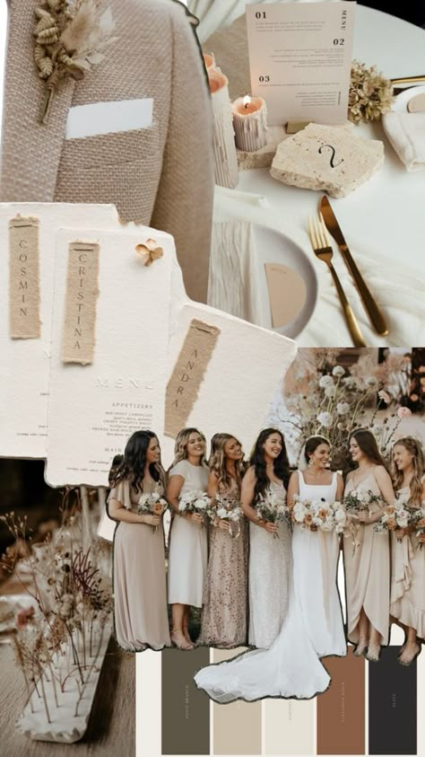 Minimalist Neutral Wedding, Neutral Bridal Party Color Schemes, Neutral Fall Wedding Colors, Neutral Color Wedding Theme, Champagne And White Wedding, Brown Wedding Colors, Beige Wedding Theme, Neutral Wedding Party, Neutral Color Wedding