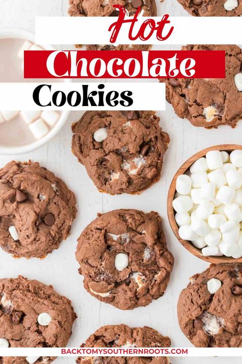 Cookies With Hot Chocolate Powder, Hot Chocolate Cookies With Marshmallows, Hot Chocolate Cookies Recipe, Hot Chocolate Cookie, Hot Chocolate Cookie Recipes, Mmm Cookies, Chocolate Cookie Recipe, Chocolate Cookie Bars, Hot Cocoa Cookies