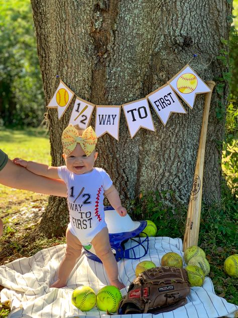 Softball First Birthday, 6 Month Summer Baby Pictures, 6 Month Birthday Photoshoot Ideas, 6 Month Birthday Ideas, 6 Month Baby Picture Ideas Half Birthday, Half Birthday Ideas For Girls 6 Months, 6month Photoshoot, Summer Baby Pictures, Half Way To First