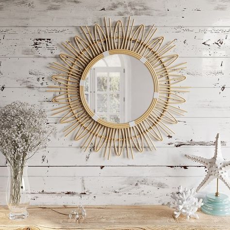 Soleil Round Boho Wall Mirror - 31.5"H x 31.5"W x 0.5"D - On Sale - Bed Bath & Beyond - 40011405 Boho Wall Mirror, Room Mirror Ideas, Coastal Chic Decor, Decorative Bathroom Mirrors, Sun Mirror, Coastal Design, Coastal Chic, Round Wall Mirror, Butter Recipe