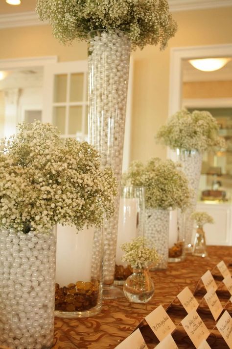 MDS Floral Designs Pearl Centerpiece, Pearls Diy, Rustic Wedding Centerpieces, Wedding Winter, Vase Fillers, Candle Centerpieces, Baby's Breath, Tall Vases, Wedding Table Centerpieces