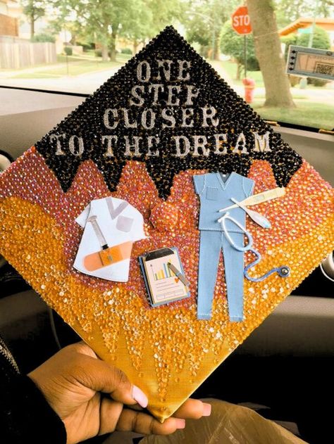 Cap Nursing High School Graduation Cap, Grad Cap Ideas Dance, Next Stop Nursing School Graduation Cap, High School Graduation Cap Decoration Senior Year, Highschool Graduation Cap Ideas, Decorative Graduation Cap Ideas, Graduation Cap Designs Medical School, Medical Cap Decoration, High School Graduation Cap Designs Nursing