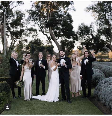 Black Tux Bridal Party, Black Tie Wedding Bridal Party, Black And Champagne Bridesmaid Dresses, Black Tux Wedding Party, Bridal Party Black, Bridesmaid Dresses Black, Black Tux Wedding, White Tux, Champagne Bridesmaid Dresses