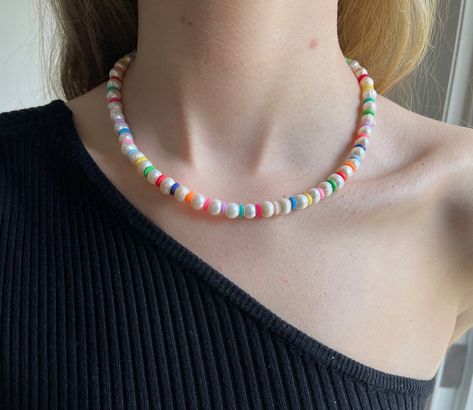 Pearl Necklace Colorful, Colorful Pearl Necklace, Colorful Beaded Necklace, Surfer Necklace, Necklace Colorful, Freshwater Pearl Necklace, Necklace Pearl, Heishi Beads, Silver Plated Jewelry