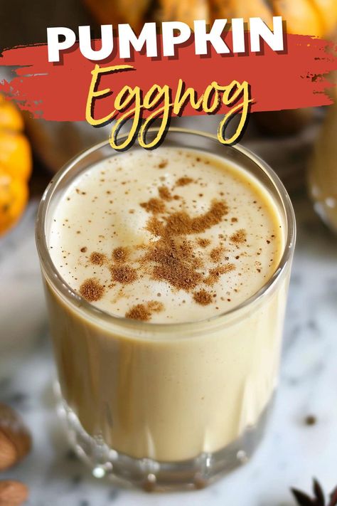 This creamy pumpkin eggnog is a tasty twist on a classic! Spiked with rum or brandy, it's a true holiday treat. Pumpkin Spice Eggnog, Pumpkin Spice Eggnog Recipe, Pumpkin Eggnog Recipe, Brandy Eggnog, Pumpkin Eggnog, Work Desserts, Eggnog Coffee, Eggnog Recipes, Spiced Eggs