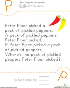 How many P's in Peter Piper's Perplexing Poem?  Worksheet for young learning to read kids. Nursery Rhymes Kindergarten, Kindergarten Poetry, Letter P Worksheets, Preschool Poems, Poetry Worksheets, Peter Piper, Nursery Rhymes Preschool, Kindergarten Reading Worksheets, The Letter P