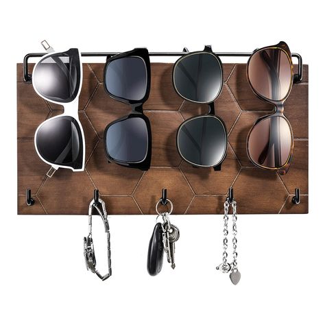 PRICES MAY VARY. 🕶【Premium Material】 The sunglasses and keys holder for wall is made of natural wood with polished and smooth surface, comes with a hanging rod and 5 metal hooks, well built to store your sunglasses and keys. Easy to clean and maintain color for a long time. 🔑【Excellent Space Saving】 The sunglasses holder is suitable for hanging on wall, next to the door, entry, living room, bedroom, apartment, displayed in your home or store. Keep your sunglasses organized, help you to quickly Sunglasses Wall Holder, Sunglass Organizer, Entry Living Room, Coat Rack With Storage, Wand Organizer, Keys Holder, Sunglasses Organizer, Jewelry Organizer Wall, Earring Display Stands