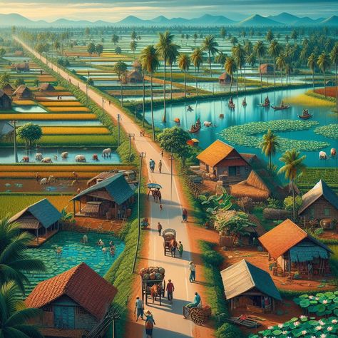 Rural house landscape 🏞🏡Beautiful picture created by : អាណាចក្រសម្រស់ [[ Beauty Empire ]] 🇰🇭#AIArt #AIFashion #AIDreamImage Beautiful Villages Nature, Village Background Indian, Countryside Artwork, Village Landscape Painting, Farmer Painting, Village Scene Drawing, Village Background, Job Change, Iconic Paintings