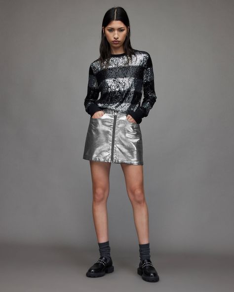 Cleo Metallic Denim Mini Skirt Metallic Denim, Metallic Mini Skirt, Grey Mini Skirt, Metallic Fabric, Jeans Rock, Gray Skirt, Denim Mini, Accessories For Men, 2024 Collection