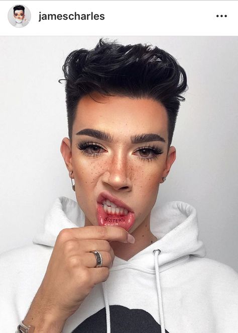 James Charles’s lip tattoo. #sisters Inner Lip Tattoo, Brown Liquid Eyeliner, Pink Eyeshadow Palette, Sisters Tattoo, Face Charts, Charles James, Makeup Face Charts, Face Chart, Youtube Makeup