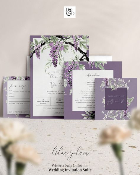 Wisteria Wedding Invitation Suite - Botanic Wedding Stationery - 'Wisteria Falls' in Lilac and Plum - Personalised Invite + RSVP + Enclosure by DoraandDeb on Etsy Wisteria Invitation, Botanic Wedding, Boho Garden Wedding, Reception Invite, Wisteria Design, Wisteria Wedding, Honeymoon Wish, Square Wedding Invitations, Wedding Details Card