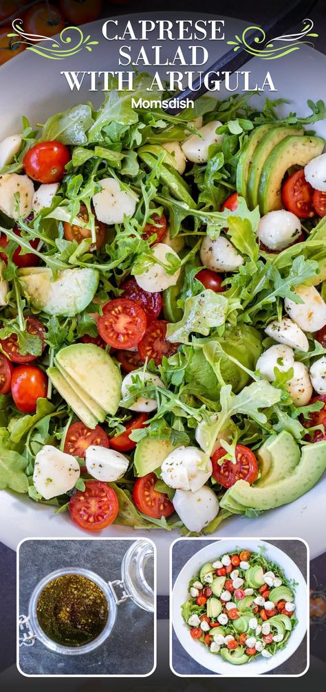 This arugula caprese salad is the perfect summer salad, featuring juicy tomatoes, creamy mozzarella, buttery avocado, and a tangy vinaigrette. It's crazy easy and so good! Caprese Dishes, Mozzarella Balls Recipe, Cooking Recipes Indian, Quotes Cooking, Mozzarella Caprese, Asian Steak Bites, Tomato Mozzarella Basil, Asian Steak, Creamy Pasta Bake