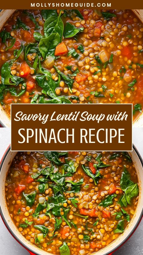 Warm up with a comforting bowl of flavorful lentil soup with spinach. This hearty and nutritious dish is perfect for chilly days and will surely satisfy your cravings. Packed with protein, fiber, and vitamins, this recipe is a delicious way to nourish your body. Whether you enjoy it as a light lunch or a cozy dinner option, this lentil soup is sure to become a favorite in your rotation of go-to meals. Give this wholesome and easy-to-make dish a try today! Defined Dish Soup Recipes, Lentil Soup With Spinach Recipe, Vegan Soup With Lentils, Meals With Green Lentils, Vegetarian Lentil Recipes Healthy, Lentil Spinach Soup Recipe, Soup With Lentils Healthy, Healthy Lentil Soup Recipes Easy, Lentil Meals Healthy