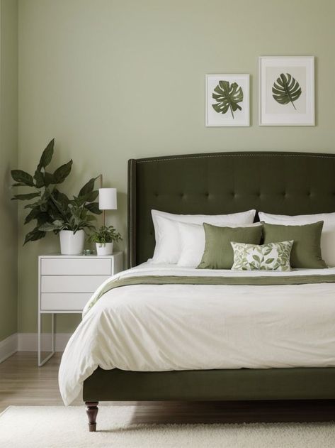 Leafy Bedroom, White Furniture Bedroom Decor, Olive Green Accent Wall, Green Bedroom Wall, Olive Green Bedroom, Green Room Ideas Bedroom, Olive Green Bedrooms, Green Bedroom Walls, Spring Bedroom