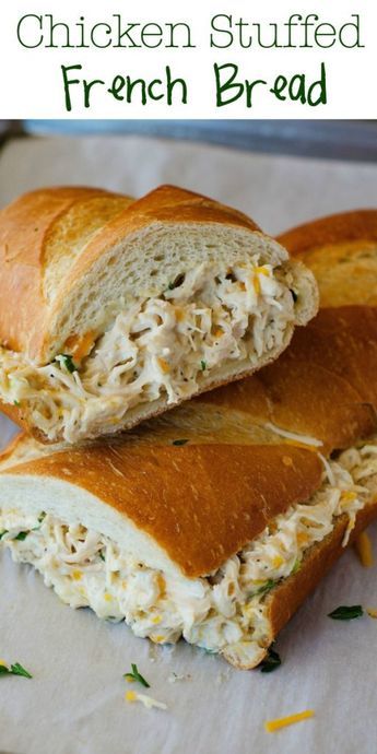 Chicken stuffed french bread is packed full of flavor with chicken, ranch dressing, loads of cheese and green onion. Life-in-the-Lofthouse.com Chicken Stuffed French Bread, French Bread Recipes, Stuffed French Bread, Bread Meals, Healthy Chicken Dinner Recipes, Stuffed Breads, Easy Bread Recipe, French Bread Loaf, Chicken Bread