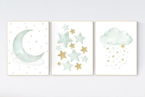 Mint Green Nursery, Gender Neutral Nursery Art, Gold Nursery Decor, Small Nursery, Cloud Nursery, Neutral Nursery Art, Mint Nursery, Nursery Frames, Gender Neutral Nursery Decor