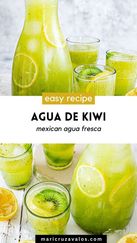 collage of agua de kiwi with text overlay Kiwi Agua Fresca, Kiwi Drink Recipes, Aguas Frescas Mexicanas Recipes, Mexican Aguas Frescas, Kiwi Lemonade Recipe, Kiwi Refresher, Kiwi Juice Recipe, Aquas Frescas, Kiwi Syrup