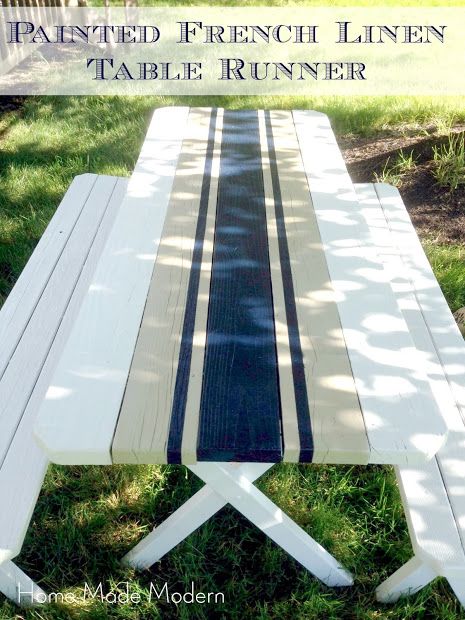 Put some charm on your outdoor table, by adding a french linen table runner......with paint. I just made a farm house table and two benches for our deck at the farm, but sealed the dark walnut stain on top  too fast and now its bubbling where the knots are. I'm going to sand the top down, keep the dark walnut stain on the two outside boards, but add the linen runner to the middle three, and the base is already white.  Can't wait to get started.......D. Painted Picnic Tables, Picnic Table Makeover, Kitchen Table Makeover, Mesa Exterior, Table Makeover, Diy Interior, A Picnic, French Linen, Redo Furniture