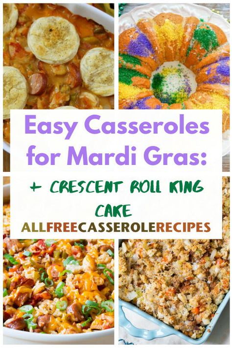 When you think of Mardi Gras, you probably think about jazz, the French quarter, parades, and more carnival festivities. We want you to also think about...casseroles. We know, Mardi Gras is typically associated with tasty treats and fried foods, but there are ways to incorporate easy casserole recipes into your Mardi Gras party. We have put together a collection of 9 Easy Casserole Recipes for Mardi Gras + Crescent Roll King Cake to get you ready for a fabulous Carnivale celebration. Mardi Gras Breakfast Ideas, Mardi Gras Meal Ideas, Mardi Gras Potluck Ideas, Mardi Gras Meals, Easy Mardi Gras Food, Mardi Gras Menu Ideas, Mardi Gras Snacks Appetizers, Mardi Gras Food Ideas Parties, Mardi Gras Food Recipes