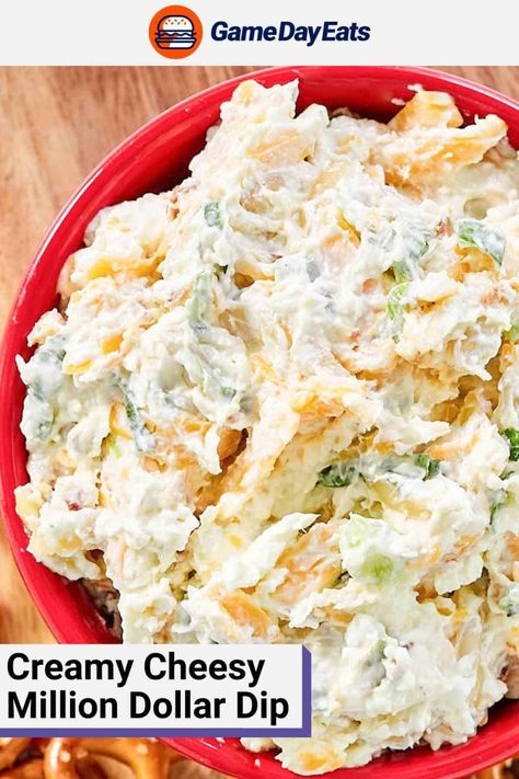 Million Dollar Dip is great for an appetizer or snack and perfect for game day or any party. Get the easy 5 minute recipe and find out how to make the best Million Dollar Dip with cream cheese, cheddar cheese, bacon, mayonnaise, green onions, and almonds. Serve this creamy cheesy dip with pretzels, crackers, potato chips, or tortilla chips. 5 Million Dollar Dip, Dips With Mayonnaise, Millionaire Dip, Cream Cheese Cracker Dip, Dip With Pretzels, Potato Chip Dip, Pretzel Dip Recipes, Million Dollar Dip Recipe, Million Dollar Dip