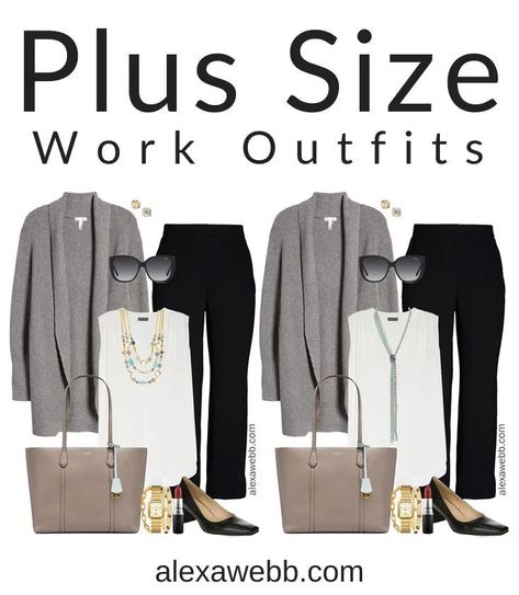 Plus Size Grey Cardigan Work Outfit Ideas - Alexa Webb Cardigan Work Outfit, Plus Size Work Outfits, Plus Size Business Attire, Interesting Necklace, Pants 2020, Plus Size Capsule Wardrobe, Women Work Outfits, Alexa Webb, Plus Zise