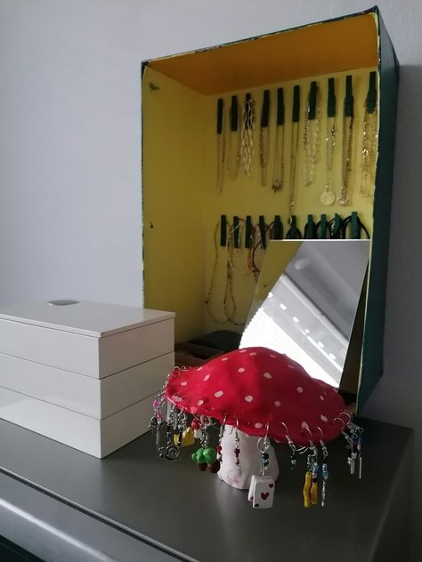 my sister and I made this adorable earring-holding-mushroom 🍄 from air-drying clay and necklase holder from a shoe box for better organised necklases✨ Mushroom Clay Jewellery Holder, Mushroom Clay, Clay Jewellery Holder, Jewellery Holder, Clay Jewellery, Earring Holder, Craft Diy, Air Dry Clay, Clay Creations