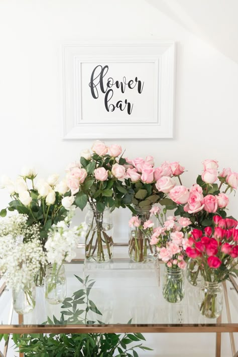 Flower Bar Free Printable, Flower Bar Thank You, Flower Bar At Bridal Shower, Bridal Shower Flower Theme Decor, Bridal Shower Floral Bar, Bridal Shower Flower Bouquet Bar, Bridal Showers On A Budget, Flower Bar Set Up Ideas, Diy Floral Bar