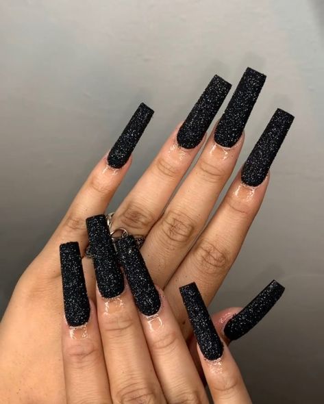 Black Acrylic Nails Coffin With Gems, Black Glitter Acrylics, Black Acrylic Nails With Glitter, Black Acrylic Nails With Gems, Long Black Acrylic Nails Designs, Black Nails With Gems, All Black Nails, Black Glitter Nails, Long Black Nails