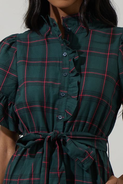 Brook Plaid Cottonwood Ruffle Button Down Mini Dress Belted Denim Dress, Shoulder Pad Dress, Wrap Top Blouse, Trendy Outerwear, Bra Dress, Dress Out, Body Dress, Jumpsuit Shorts Rompers, Curve Dresses