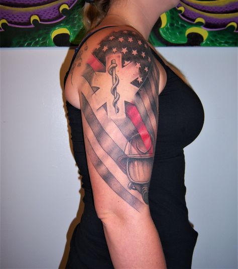 Ems Firefighter Tattoo, Woman Firefighter Tattoo, Emt Tattoos Female, Fire And Ems Tattoos, Fallen Officer Tattoo, Star Of Life Tattoo Ems, Fire Ems Tattoo, First Responder Tattoo Ideas, Ems Tattoos Female