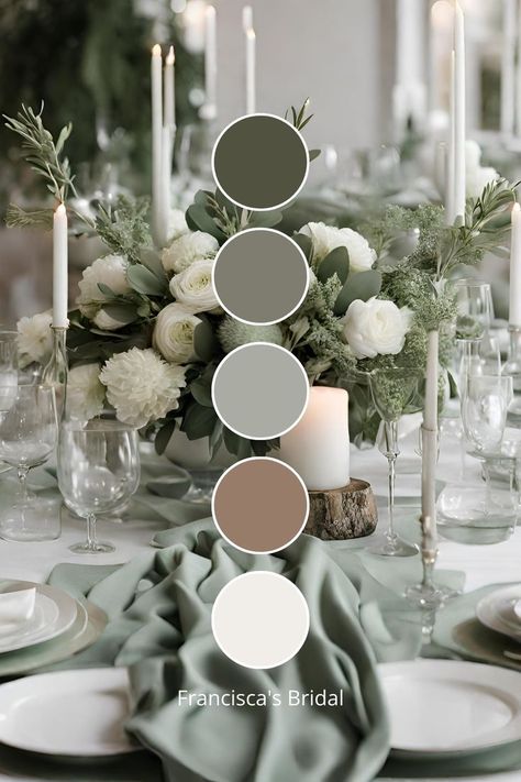 Wedding Theme Ideas Fall, Spring Wedding Theme Ideas, Summer Wedding Theme Ideas, Winter Wedding Theme Ideas, Artificial Flower Arrangements Centerpieces, Winter Wedding Theme, Sage Green Wedding Theme, Winter Wedding Color Ideas, Winter Wedding Color Palette