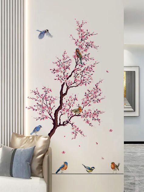 Multicolor  Collar  PVC Floral Wall Stickers Embellished   Home Decor Plum Wall, Wall Sticker Design, Bird Wall Decals, Adhesive Wall Art, Wall Stickers 3d, Hal Decor, Wall Decor Decals, Creative Wall, House Interior Decor