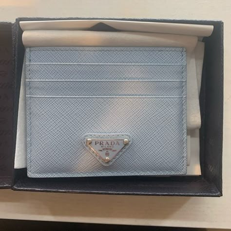 Prada Saffiano Leather Light Blue Card Holder Prada Card Holder Aesthetic, Prada Wallet Aesthetic, Prada Card Holder, Luxury Card Holder, Star Master, Accessory Inspo, Luxury Bags Collection, Blue Card, Prada Accessories