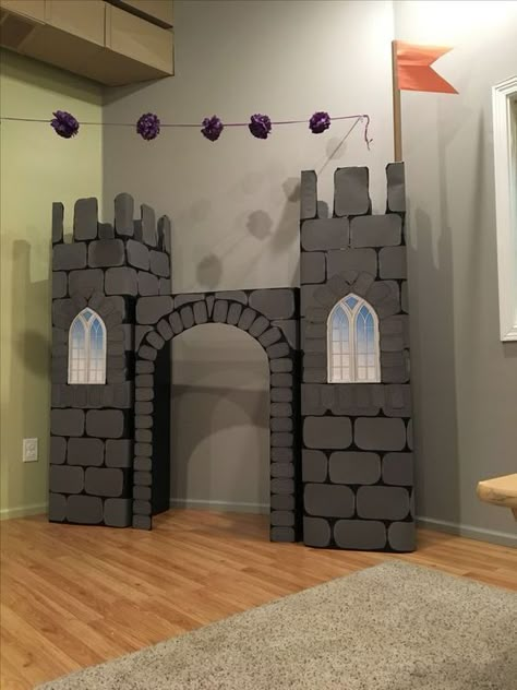 Cardboard Medieval Castle, Trunk Or Treat Castle Theme, How To Make A Castle Out Of Cardboard, Bowsers Castle Diy, Diy Castle Cardboard, Trunk Or Treat Castle, Castle Vbs Decorations, Castle Trunk Or Treat, Medieval Decorations Diy