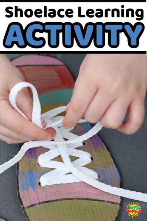 Make this shoe tying practice board with cardboard and a shoelace. It's a great teaching tool to help kids learn how to tie their shoes. Tying Shoes For Kids Teaching, Learn To Tie Shoes, Shoe Tying, Homemade Shoes, Happy Hooligans, How To Tie Shoes, Kids Ties, Diy Shoe, Tie Shoelaces