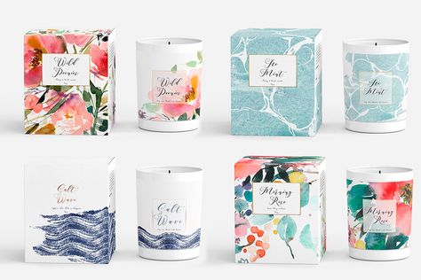 Watercolor Packaging Design, Packaging For Candles, Scented Candles Packaging, Watercolor Packaging, Watercolor Candles, Candle Box Packaging, Candles Collection, Candle Packaging Design, Packaging Design Trends