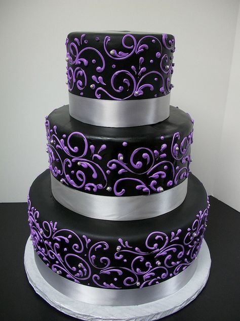 Black with Purple Scrollwork | fondant | Christy Vega-Gluch | Flickr Purple And Black Wedding, Purple Wedding Cake, Purple Cake, Purple Wedding Cakes, Black Wedding Cakes, Purple Cakes, Tiered Cake, Purple And Silver, Beautiful Wedding Cakes