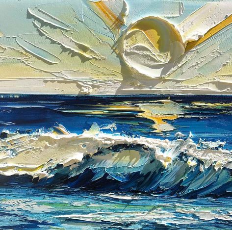 Lisa Elley ~ Art + Painting on Instagram: “Fab shadows on my super textured closeup of ‘Ocean Caress’, showing the soft yellow early evening light in Monterey, California. ☀️🌊” Lisa Elley Art, Painting On Pallet Wood, Art Beginners, Beach Oil Painting, Early Evening, Representational Art, Wood Ceramic, Monterey California, Water Surface