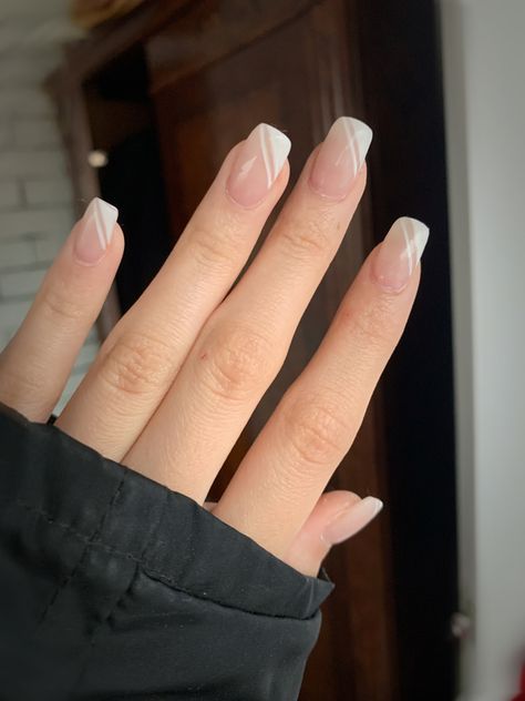 White Diagonal Nail, French Dip Nails Coffin, Criss Cross French Nails, Classy Acrylic Nails For Work, Simple Gel Extension Nails, French Nails Diagonal, Pagent Nail Ideas, Diagonal French Tip Nails Square, Asymmetrical French Tip Nails