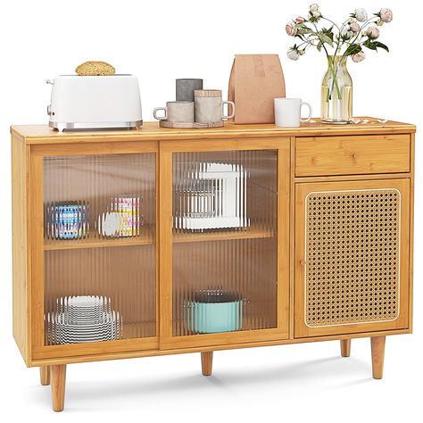 PRICES MAY VARY. [Spacious Storage Space]: The buffet sideboard provides multiple spaces including a wide countertop, a pull-out storage drawer, a sliding door cabinet and a rattan door cabinet. It provides large and classified space to store kitchenware, wine & drinks, vegetable & fruit, dinnerware, decorations, etc. [Durable & Stable Bamboo Frame]: Constructed of natural bamboo and handwoven rattan, the sideboard buffet cabinet boasts durable frame with anti-fading surface, and is not easy to Dining Room Coffee Bar, Entrance Hall Furniture, Tv Console Cabinet, Rattan Door, Glass Sliding Doors, Hall Furniture, Modern Buffet, Console Tv, Kitchen Buffet