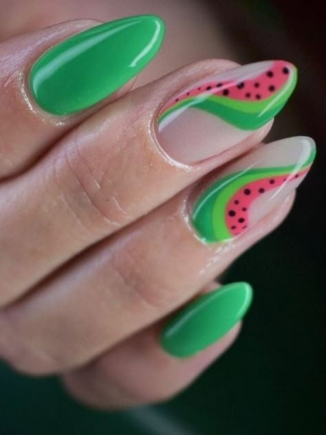 Fruity Nails Summer, Like Green Nail Designs, Summer Nail Designs 2024, River Nails, June Nails Ideas 2024, Fun Simple Nails, Green Summer Nails, Watermelon Nail Designs, Easy Summer Nails