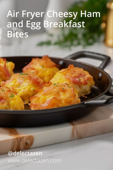 These air fryer breakfast bites are a quick and easy way to get a healthy and satisfying breakfast. They're made with wholesome ingredients like eggs, ham, and cheese, and they're cooked to perfection in the air fryer. This recipe adds scrumptious air-fried ham into the mix of classic egg bites. Egg Air Fryer Recipes, Breakfast Air Fryer Recipes, Eggs In Air Fryer, Air Fryer Eggs, Fried Ham, Scramble Eggs, Cheesy Ham, Air Fryer Breakfast, Ham And Eggs