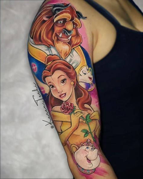 Tattoo work done with EM149 Tattoo work from Brazil on Instagram: @karen_techi @stigma_tattoo_supply Brazil Tattoo, Beauty And The Beast Tattoo, Tattoo Disney, Timeless Tattoo, Cartoon Tattoo, Disney Tattoo, Cartoon Tattoos, Sleeve Tattoos For Women, Tattoo Work