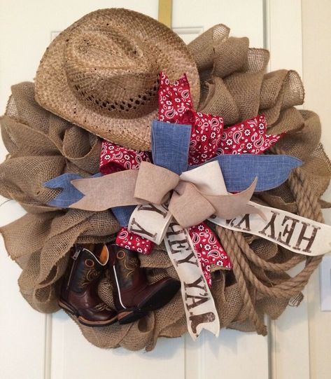 Rodeo Cowboy Wreath,Country Door Wreath 626850305753 | eBay Hat Wreath Diy, Baby Door Wreaths, Cowboy Wreath, Western Wreaths, Decorative Mesh Wreaths, Cowboys Wreath, Summer Deco Mesh Wreaths, Christmas Primitive Crafts, Hat Wreath