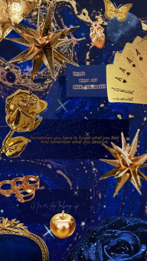 #blueandgold #aesthetic #shuffles #space #quotes #blue #goldaesthetic #gold #blueaesthetic #wallpaper #collage #stars Jewel Aesthetic Wallpaper, Blue And Gold Asthetics, Gold And Navy Aesthetic, Royal Blue And Gold Aesthetic, Blue And Bronze Aesthetic, Blue Gold Aesthetic Wallpaper, Royal Blue And Gold Wallpaper, Blue And Gold Wallpaper Iphone, Blue And Gold Aesthetic Wallpaper