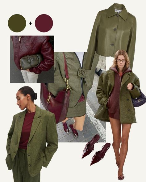 Cool combinations in clothes. Save so as not to lose Color Theory Clothing, Burgundy Color Pairing, Light Green Color Combinations Outfit, Green Shirt Winter Outfit, Moss Green Outfit Color Combos, Olive And Navy Outfit, Colors That Go With Green Outfits, Unexpected Color Combinations Outfits, Plum Color Combinations Outfit