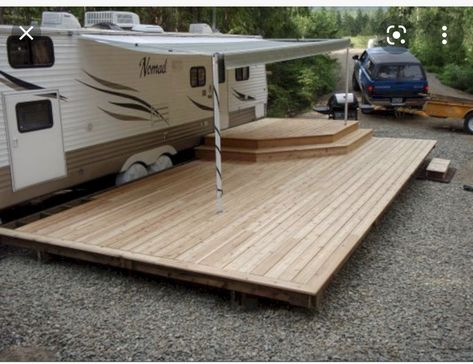 Porch For Camper, Campsite Decorating, Trailer Deck, Rv Patio, Camping Desserts, Camping Snacks, Rv Homes, Trailer Living, Camper Camping